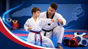 Coach helping a young athlete get started with AAU Taekwondo in North Carolina.